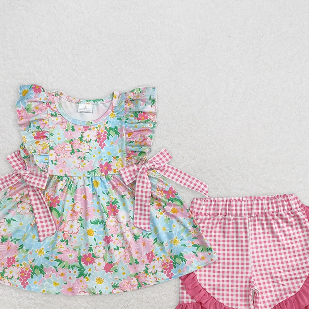 GSSO2111RTS NO MOQ Baby Girls Summer Outfits Baby Girls Ruffle Pink Plaid Bow Floral Summer Clothes Set Cute Toddler Outfit with Skirt And Top
