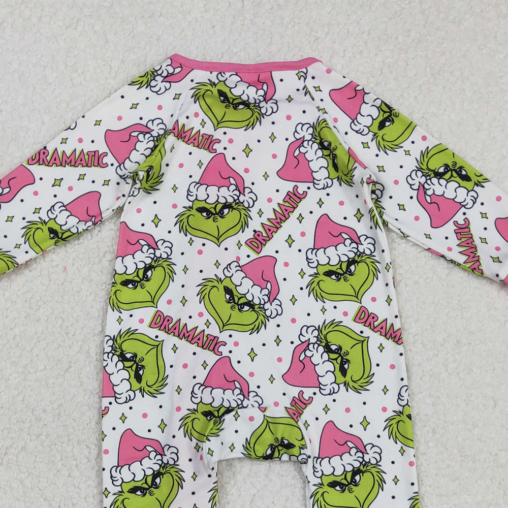 RTS NO MOQ （In stock）LR2495 Baby Girls Winter Rompers Baby Girls Green Faces Stars Plaid Ruffle Zipper Christmas Rompers