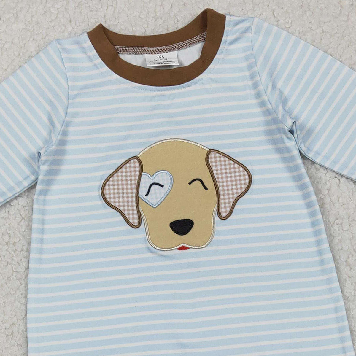 12.15 RTS NO MOQ （In stock）LR2659 Baby Boys Winter Rompers Embroidery Dog Baby Boys Blue Stripe Valentines Footie Rompers