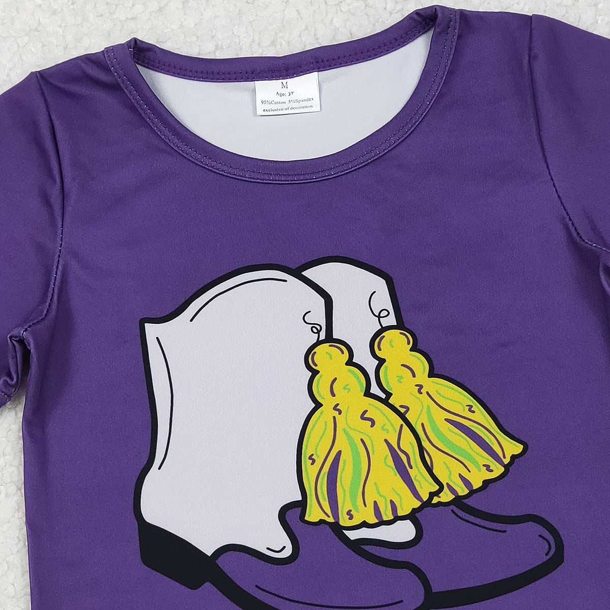 10.30 RTS NO MOQ （In stock）GT1254 Baby Girls Purple Short Sleeve Boots Tassel Mardigras Tee Shirts Top