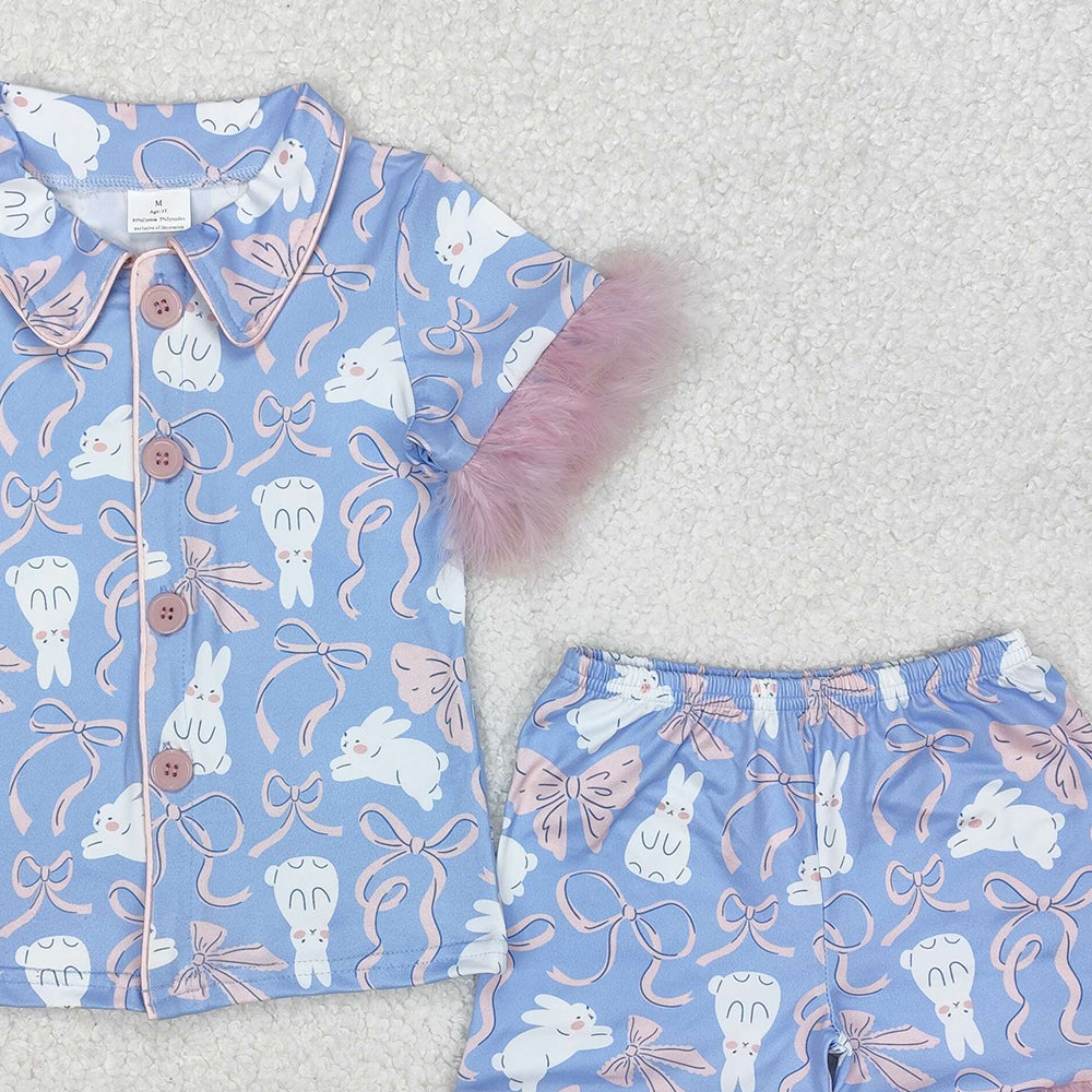 GSSO1946Baby Girls Easter Themed Bows Fur Print Shirt And Shorts Pajamas Set Cute Infant Clothing for Spring