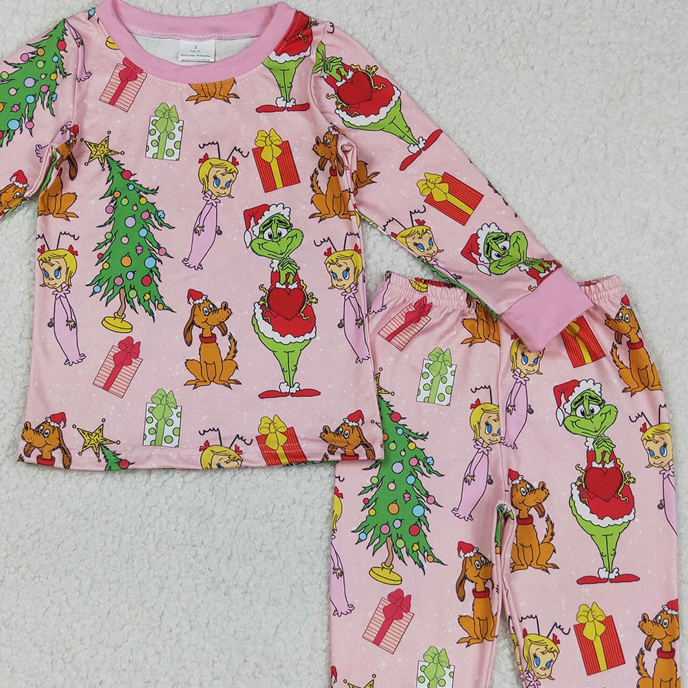 RTS NO MOQ （In stock）GLP2591 Baby Girls Winter Outfits Christmas Face Trees Gifts Top Pants Pajamas Sets