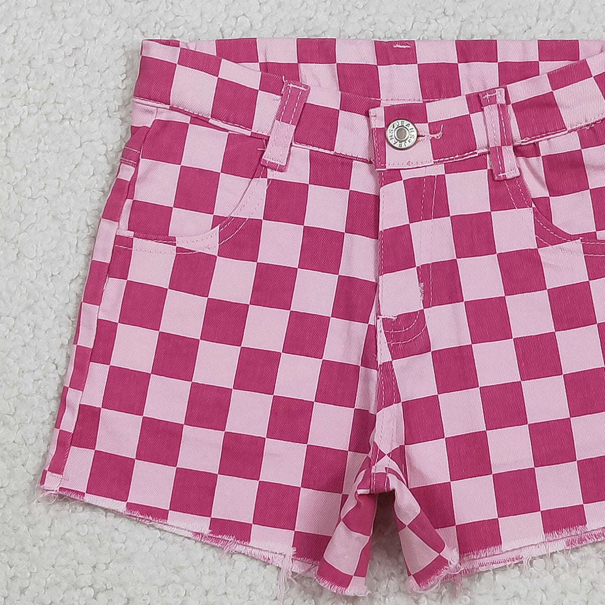 12.13 RTS NO MOQ （In stock）SS0764 Baby Girls Summer Shorts Baby Girls Pink Checked Pockets Denim Shorts Bottom