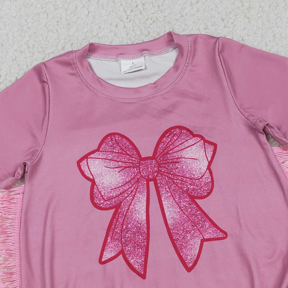3.27 RTS NO MOQ （In stock）SR3187 Pink short sleeves tassels bow baby girls romper