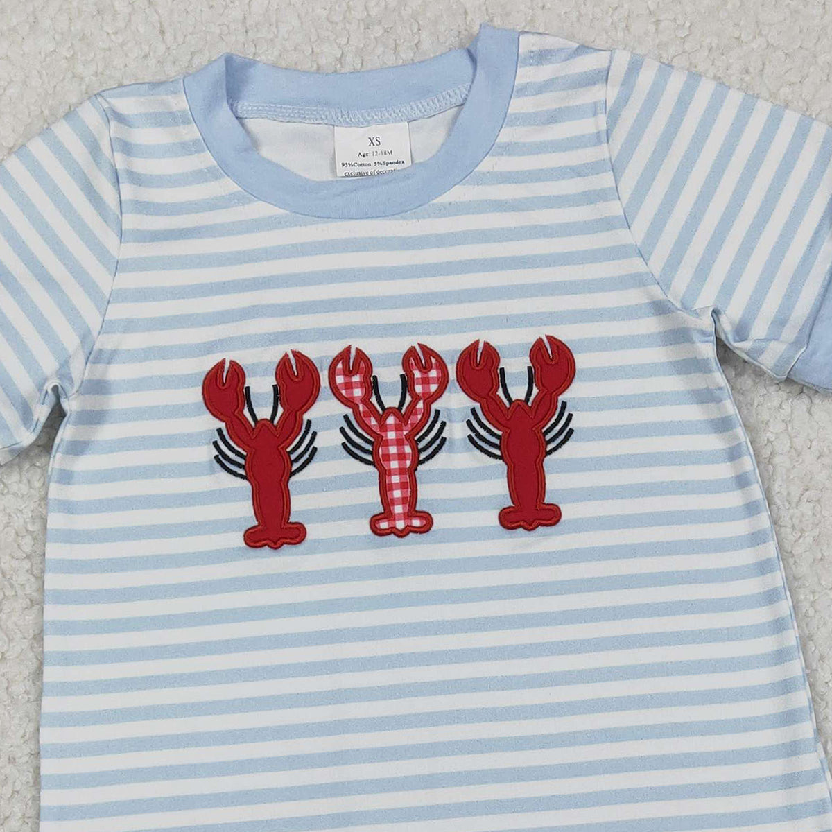 12.12 RTS NO MOQ （In stock）SR3333 Baby Boys Rompers Embroidery Crayfishes Baby Boys Grey Stripe Footie Rompers