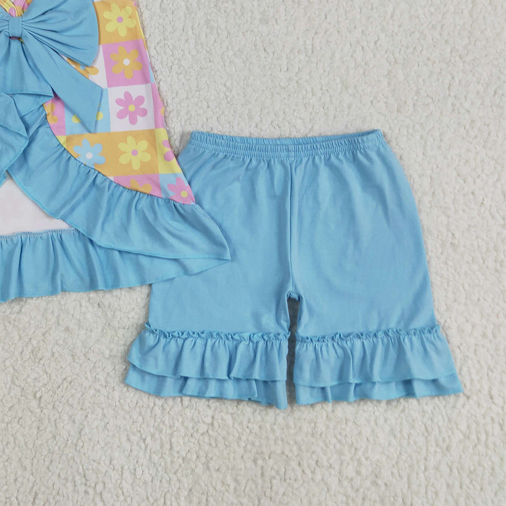 7.01 GSSO2623RTS NO MOQ Baby Girls Summer Outfits Baby Girls Blue Flutter Sleeves Flowers Plaid Tunic Ruffle Shorts Set