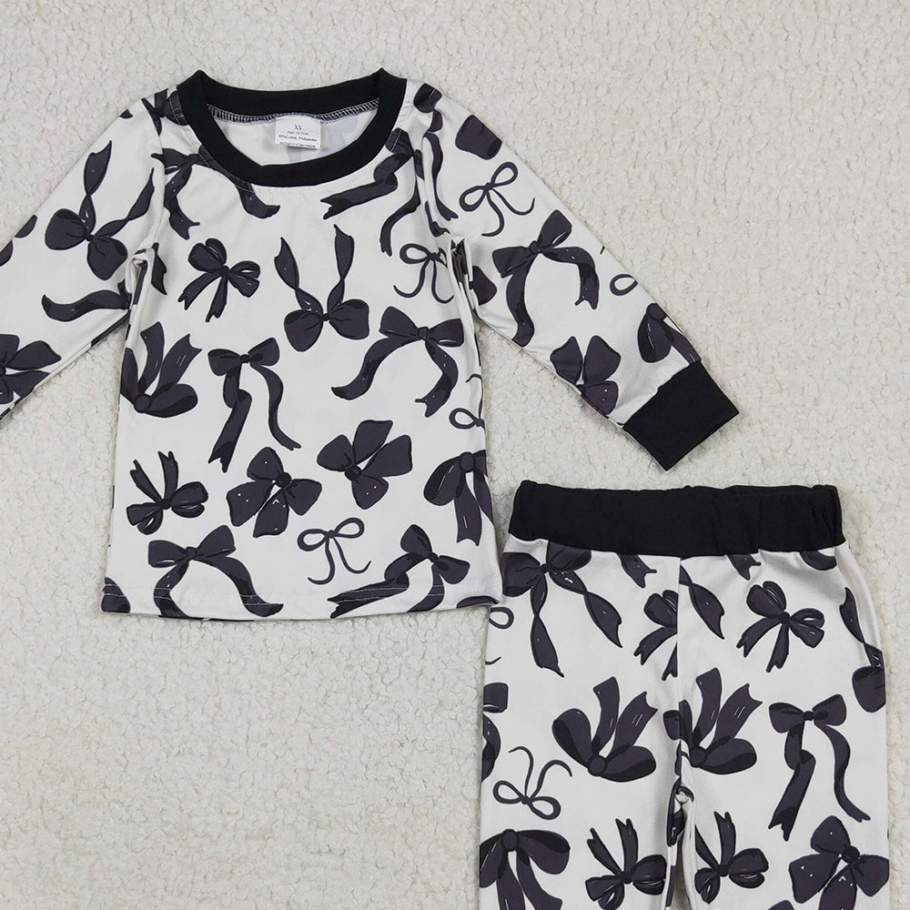 8.18   GLP2395 RTS NO MOQ Baby Girls Winter Outfits Baby Girls Long Sleeves Black Bows Top Pant Pajamas Set