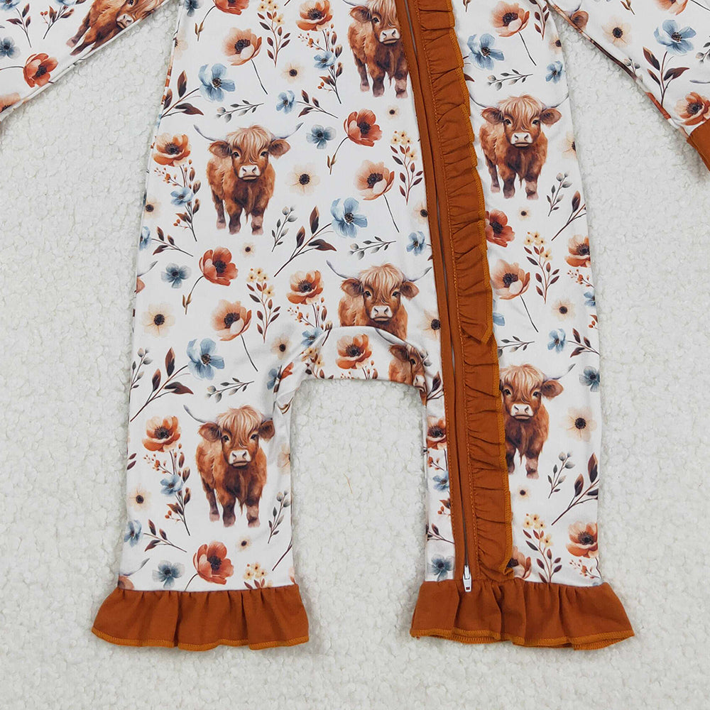 RTS NO MOQ （In stock）LR1624 Baby Girls Winter Rompers  Western Highland Cow Flowers Design Cute Baby Clothes