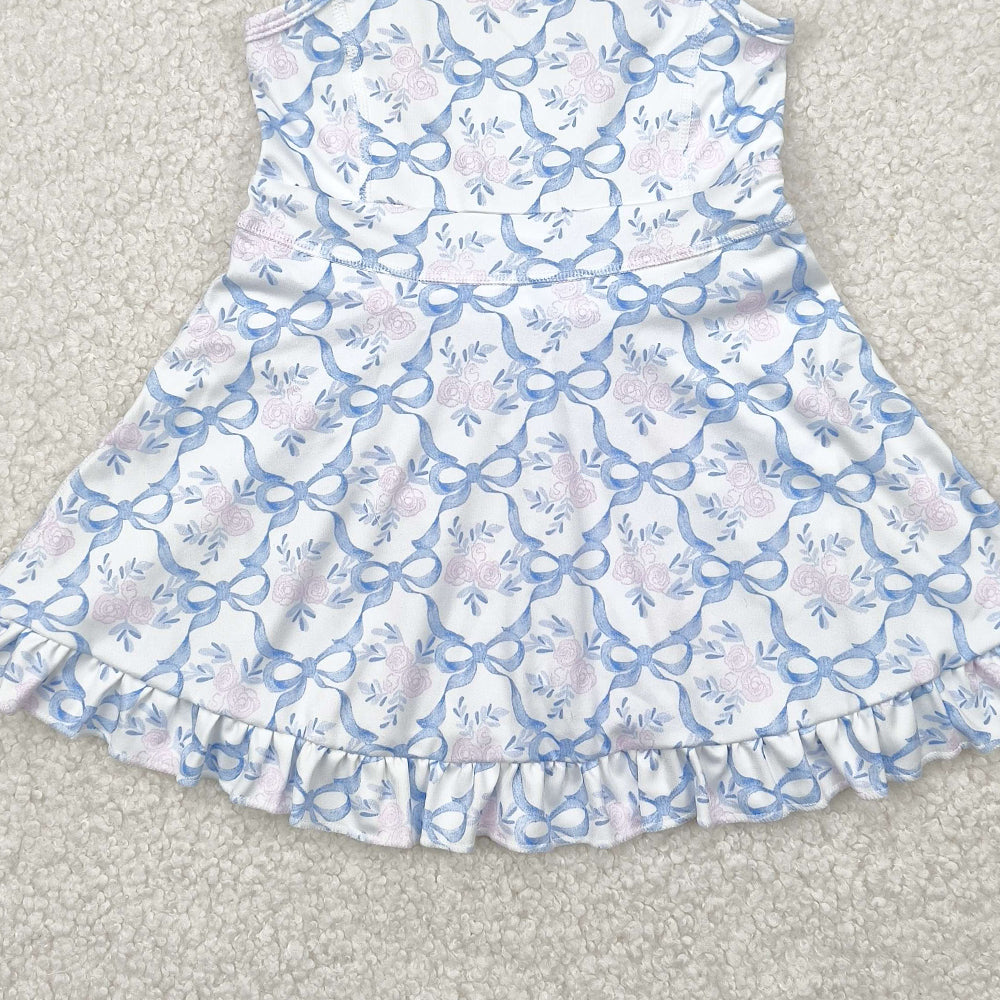 4.09 GSD2580 RTS NO MOQ Baby Girls Summer Dress Baby Girls Active Wear Blue Bow Pink Flower Yoga Dress