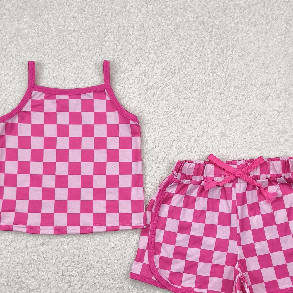 7.19 GSSO2336 RTS NO MOQ  Baby Girls Summer Outfits baby girls clothes plaid pink sleeveless shorts set