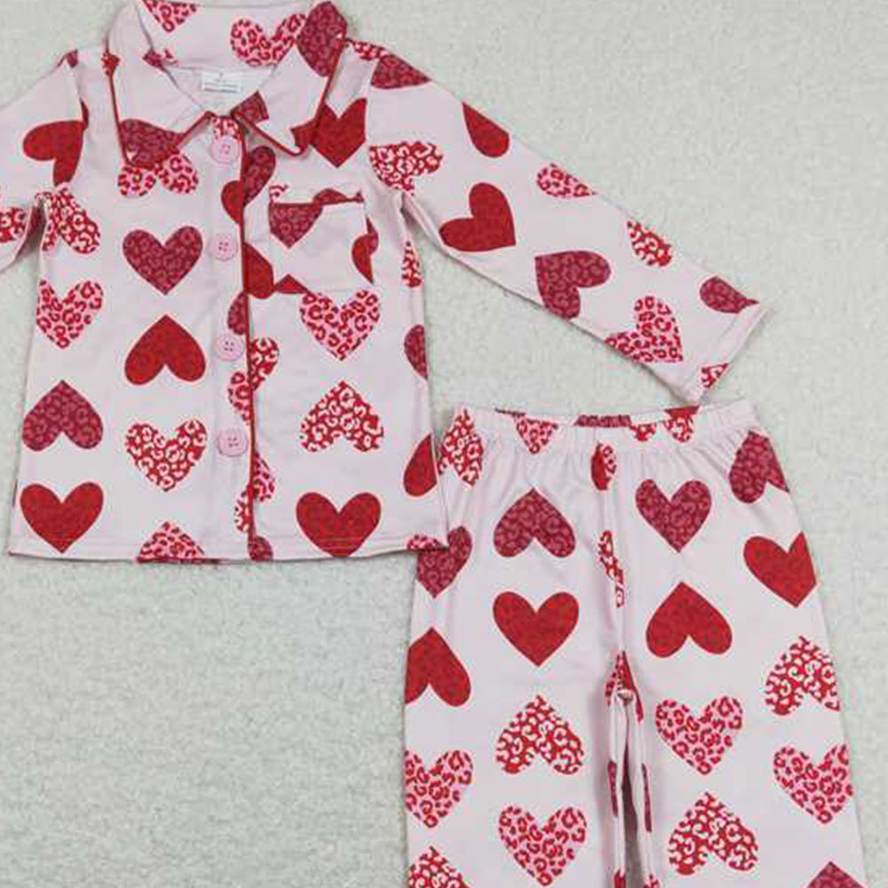 4.25 GLP1136 RTS NO MOQ Pink leopard heart girls valentine's button down pajamas