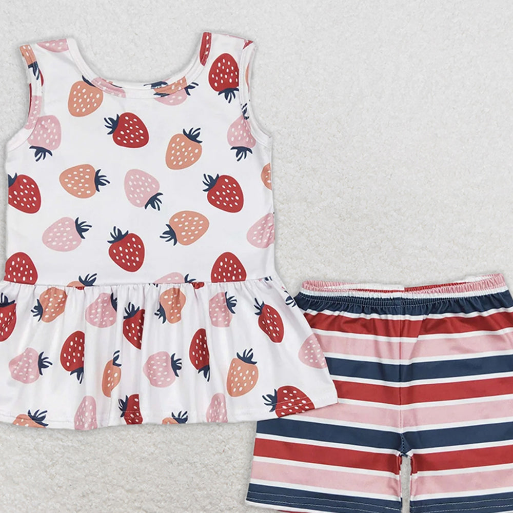 GSSO0505 RTS NO MOQ Baby Girls Summer Outfits Strawberry Beige Sleeveless Striped Shorts Set