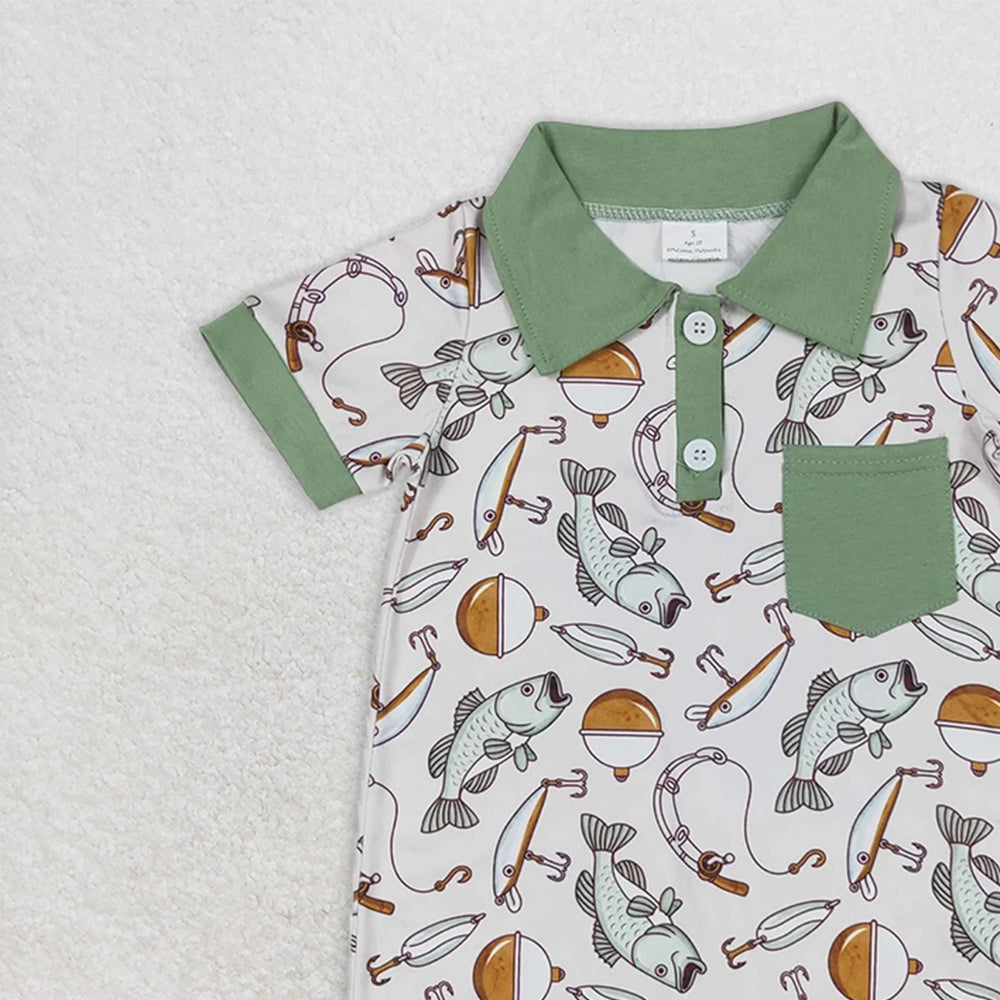 USA Shop (in stock)SR2472RTS NO MOQ Baby Boys Summer Rompers Baby Boys Short Sleeve Polo Romper with Pocket Fishing Theme Casual Outfit for Toddlers