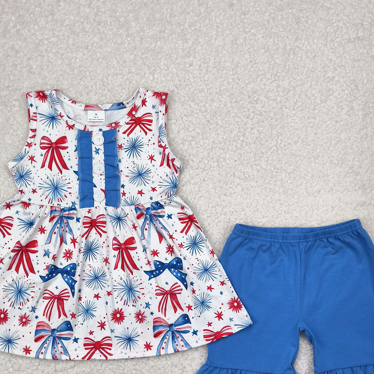 5.24   GSSO2346 RTS NO MOQ Baby Girls Summer Outfits baby girls clothes bow sleeveless shorts set