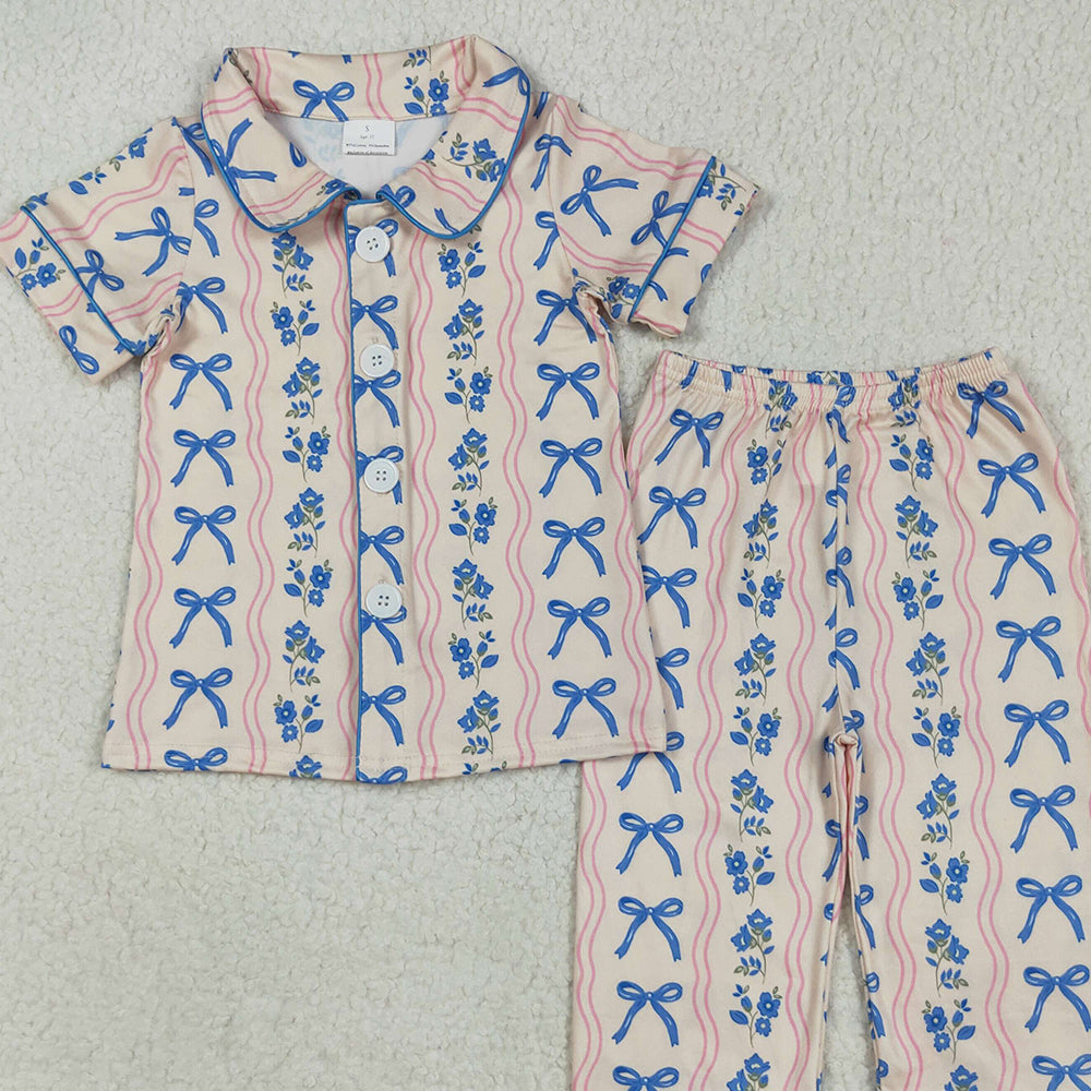 RTS NO MOQ （In stock）GSPO2050 Baby Girl Autumn Outfits Baby Girls Short Sleeves Blue Bows Flower Stripe Top Pants Pajamas Sets