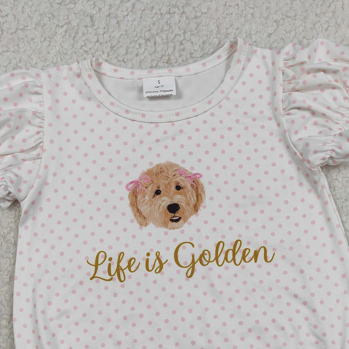 3.16 RTS NO MOQ （In stock）SR3779 Children's Fashion Romper Baby Girls Pink Polka Dots Dogs Life is Golden Ruffle Rompers