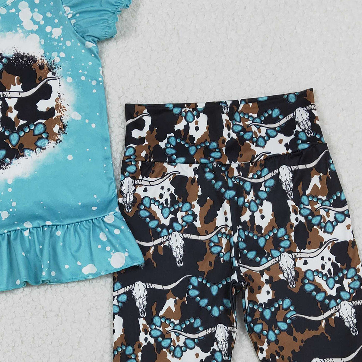 1.20 RTS NO MOQ （In stock）GSPO2116 Baby Girls Bull Skulls Turquoises Top Bell Bottom Pants Western Clothes Sets