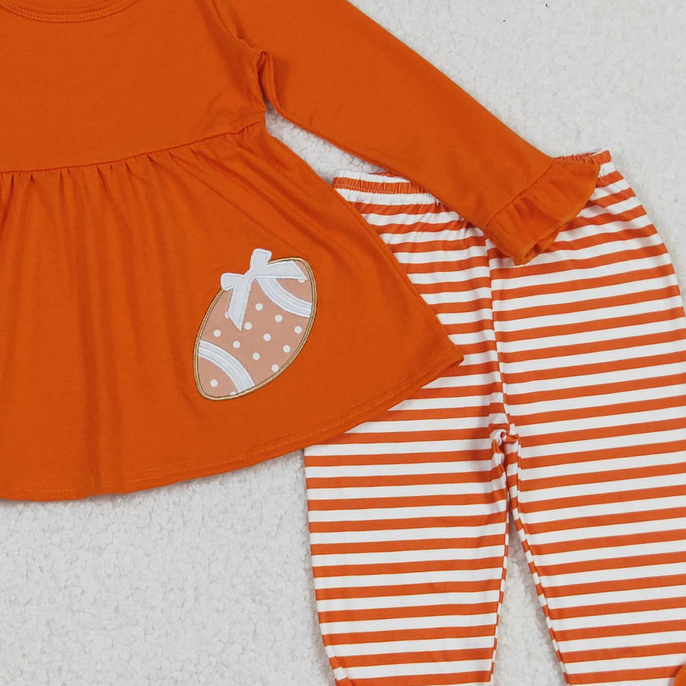 RTS NO MOQ （In stock）GLP1588 Baby Girls Winter Outfits Orange Long Sleeve Football Tunic with Stripe Leggings Set Sporty Outfit for Kids
