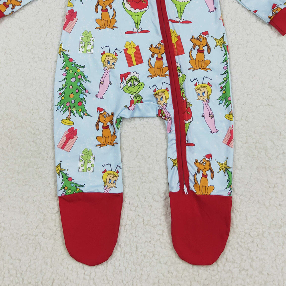 RTS NO MOQ （In stock）LR2478 Baby Girls Winter Rompers Baby Girls Green Face Christmas Trees Zipper Footed Rompers
