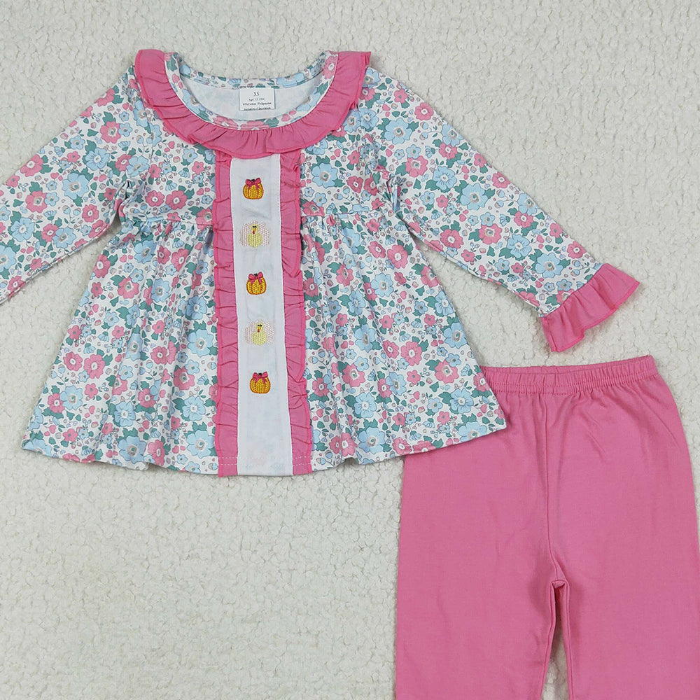 7.10 GLP2352RTS NO MOQ Baby Girls Winter Outfits Embroidery Baby Girls Long Sleeves Floral Turkey Pumpkins Tunic Ruffle Pant Set
