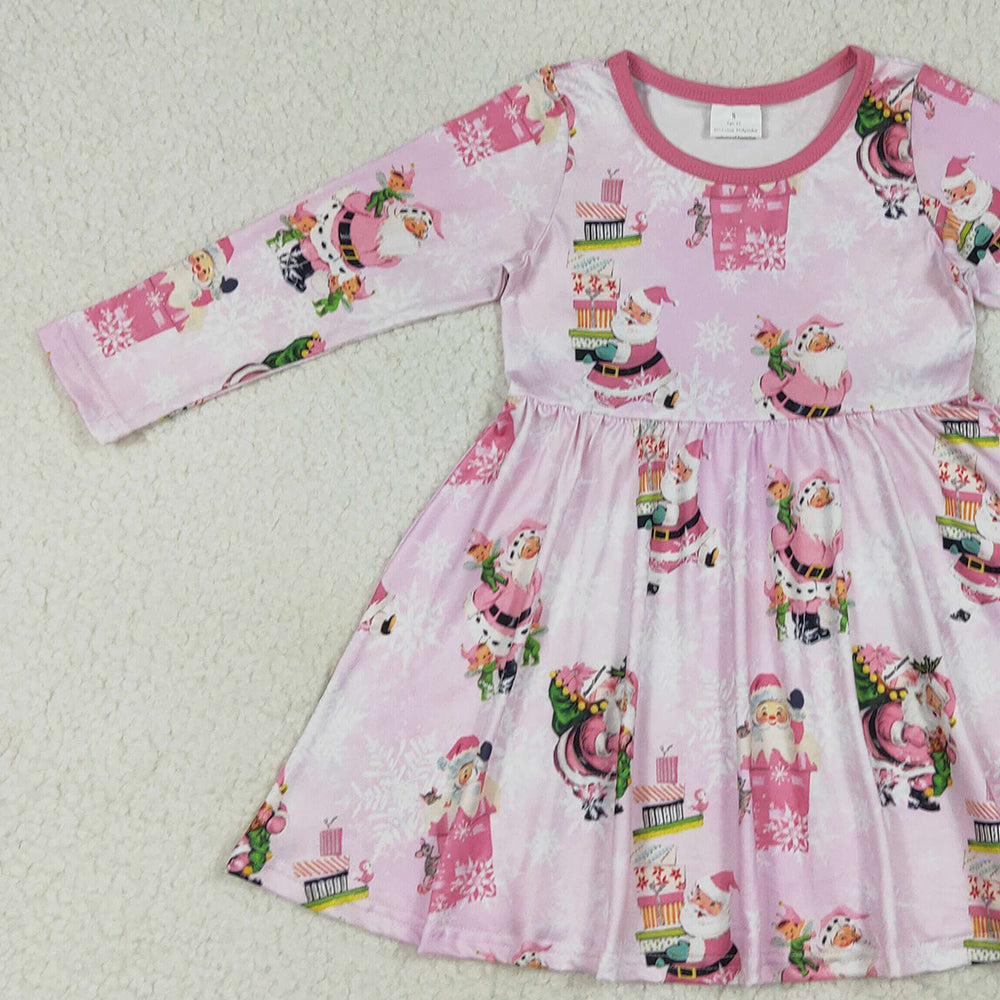 RTS NO MOQ （In stock）GLD0354 Baby Girls Winter Dress Baby Girls Christmas Pink Santa Present Knee Length Dresses