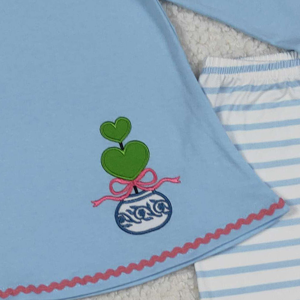 RTS NO MOQ （In stock）GLP2465 Baby Girls Winter Outfits Embroidery Bows Plants Blue Tunic Stripe Legging Sets