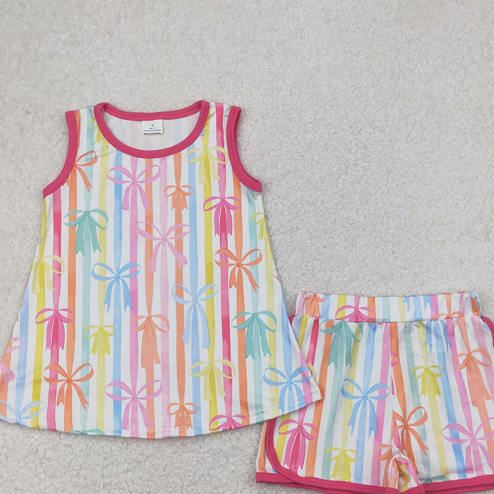 5.17  GSSO2465 RTS NO MOQ Baby Girls Summer Outfits Baby Girls Summer Colorful Bow Striped Shorts Set