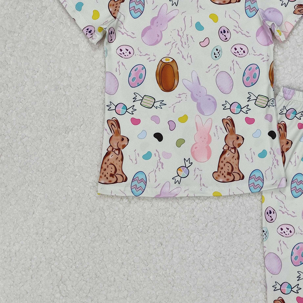 GSPO1960Kids Girls Short Sleeve Easter Pajamas Bunny Eggs Design Comfortable Sleepwear for Spring