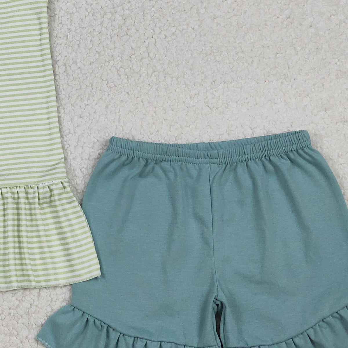 12.23 RTS NO MOQ （In stock）GSSO2792 Embroidery Fishing Baby Girls Stripe Collar Tunic Ruffle Shorts Hunting Clothes Sets