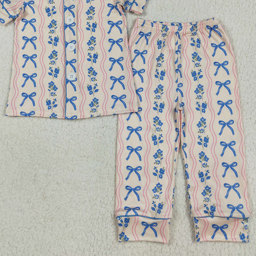 RTS NO MOQ （In stock）GSPO2050 Baby Girl Autumn Outfits Baby Girls Short Sleeves Blue Bows Flower Stripe Top Pants Pajamas Sets