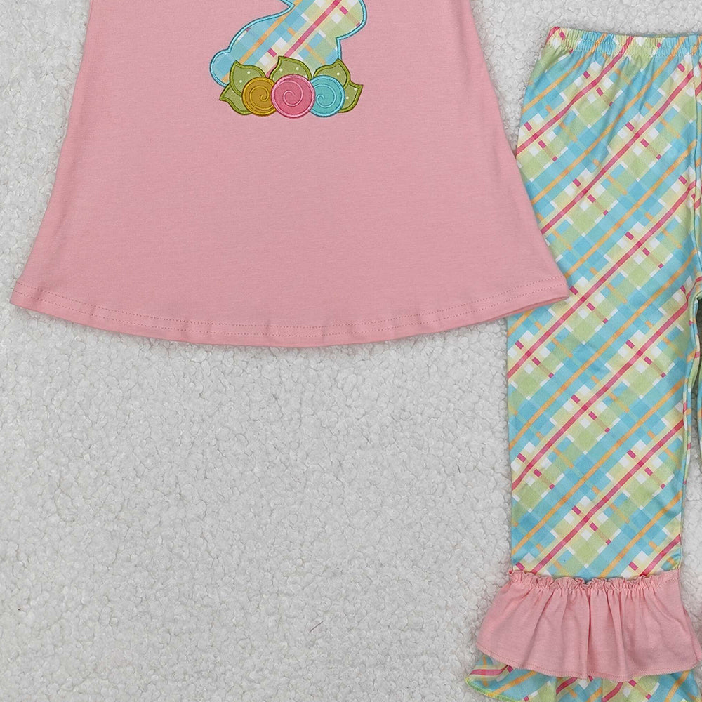 GSPO0974Girls Pink Floral Rabbit Tunic Ruffle Pants Outfit Easter Themed Children's Clothing Set