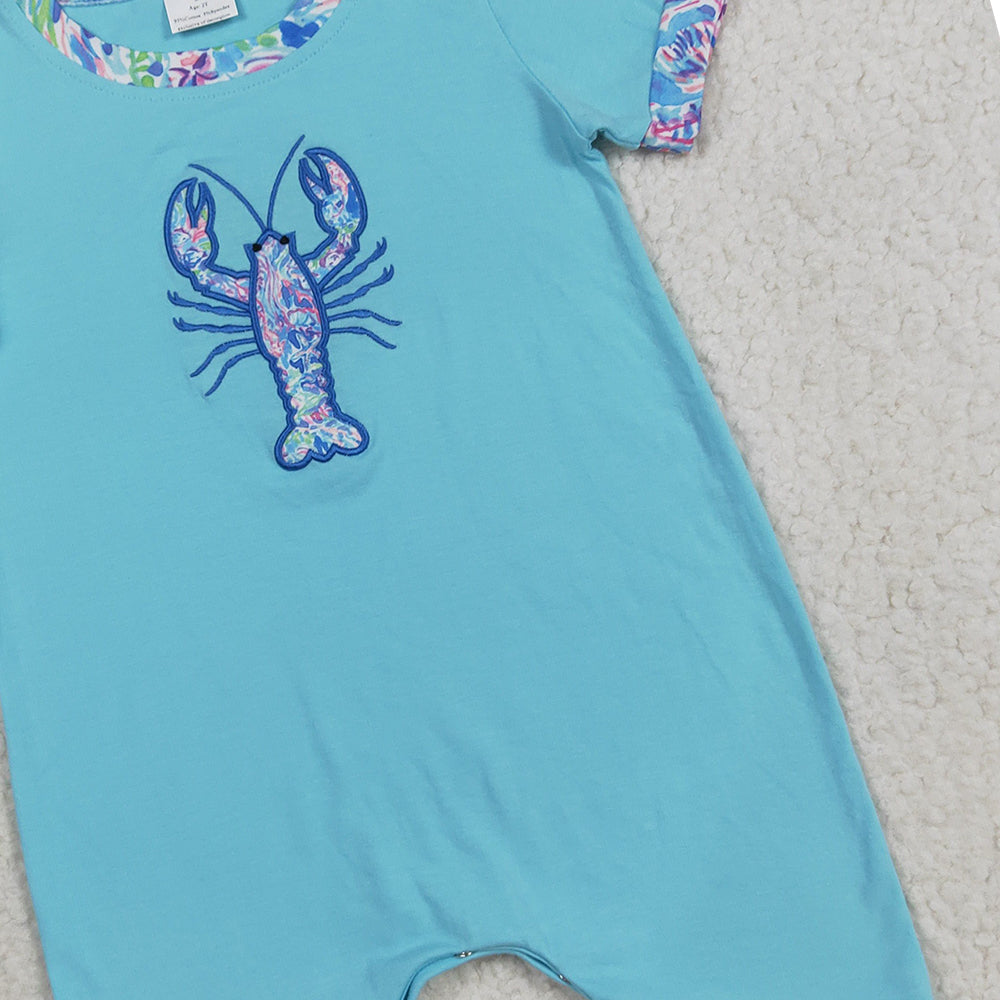 8.22 RTS NO MOQ （In stock）SR3044 Baby Boys Summer Rompers Embroidery Baby Boys Blue Short Sleeves Crayfish Rompers