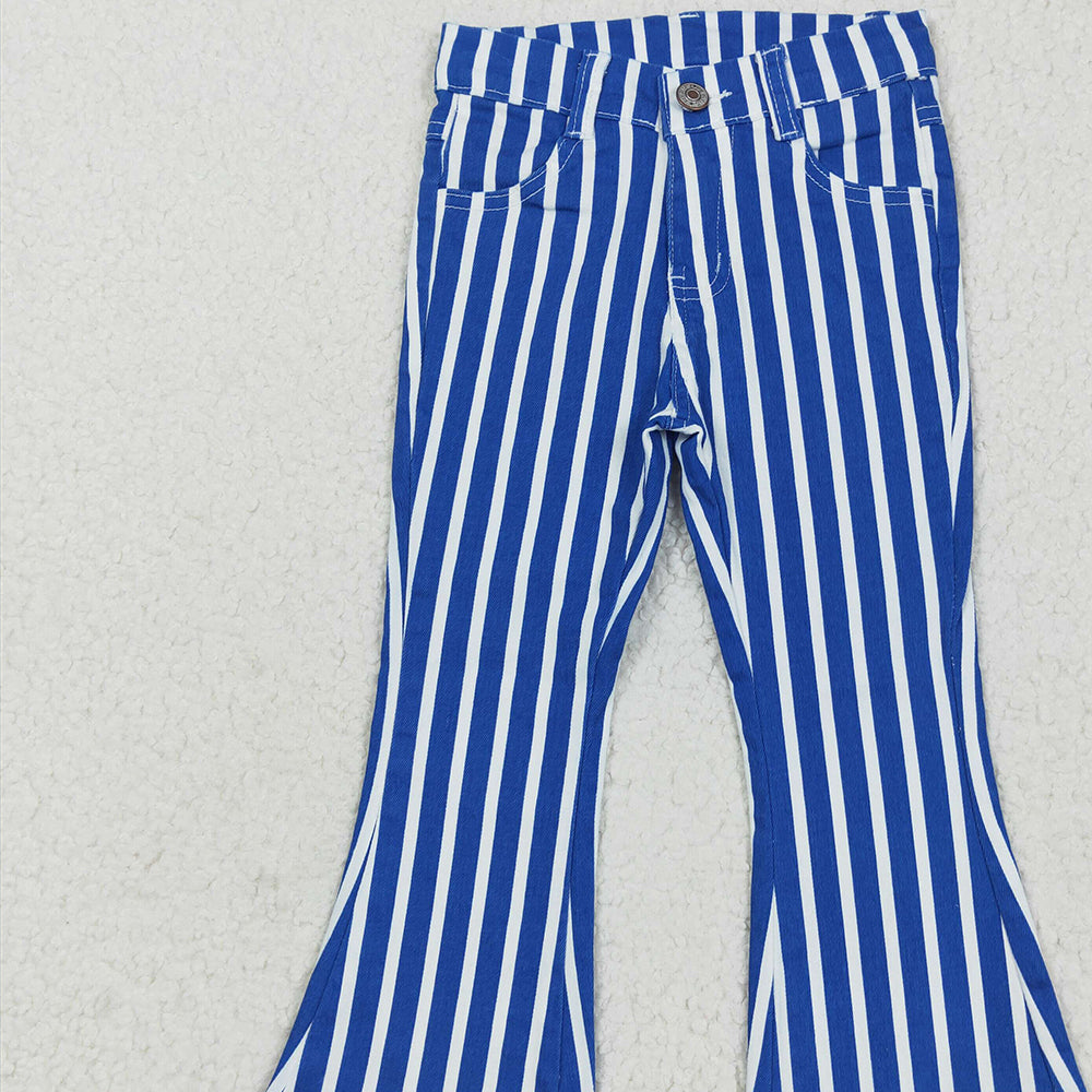7.06 P0761 RTS NO MOQ Baby Girls Denim Pants Girls Blue And White Striped Denim Trousers Casual Classic Patterned Pants for Kids