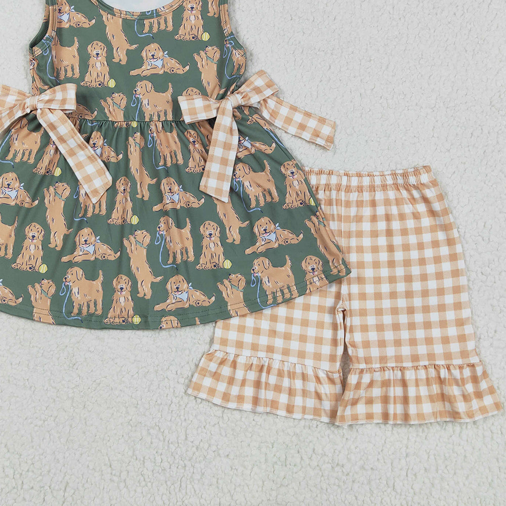 4.28 GSSO2449 RTS NO MOQ Baby Girls Summer Outfits  Sleeveless dog tunic khaki shorts girls clothes