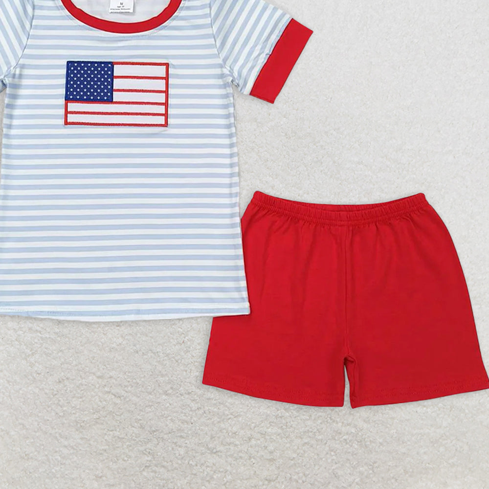BSSO0684 RTS NO MOQ Baby Boys Summer Boys Outfits Embroidery  Baby Boys Flag Blue Stripes Shirt 4th Of July Shorts Clothes Sets