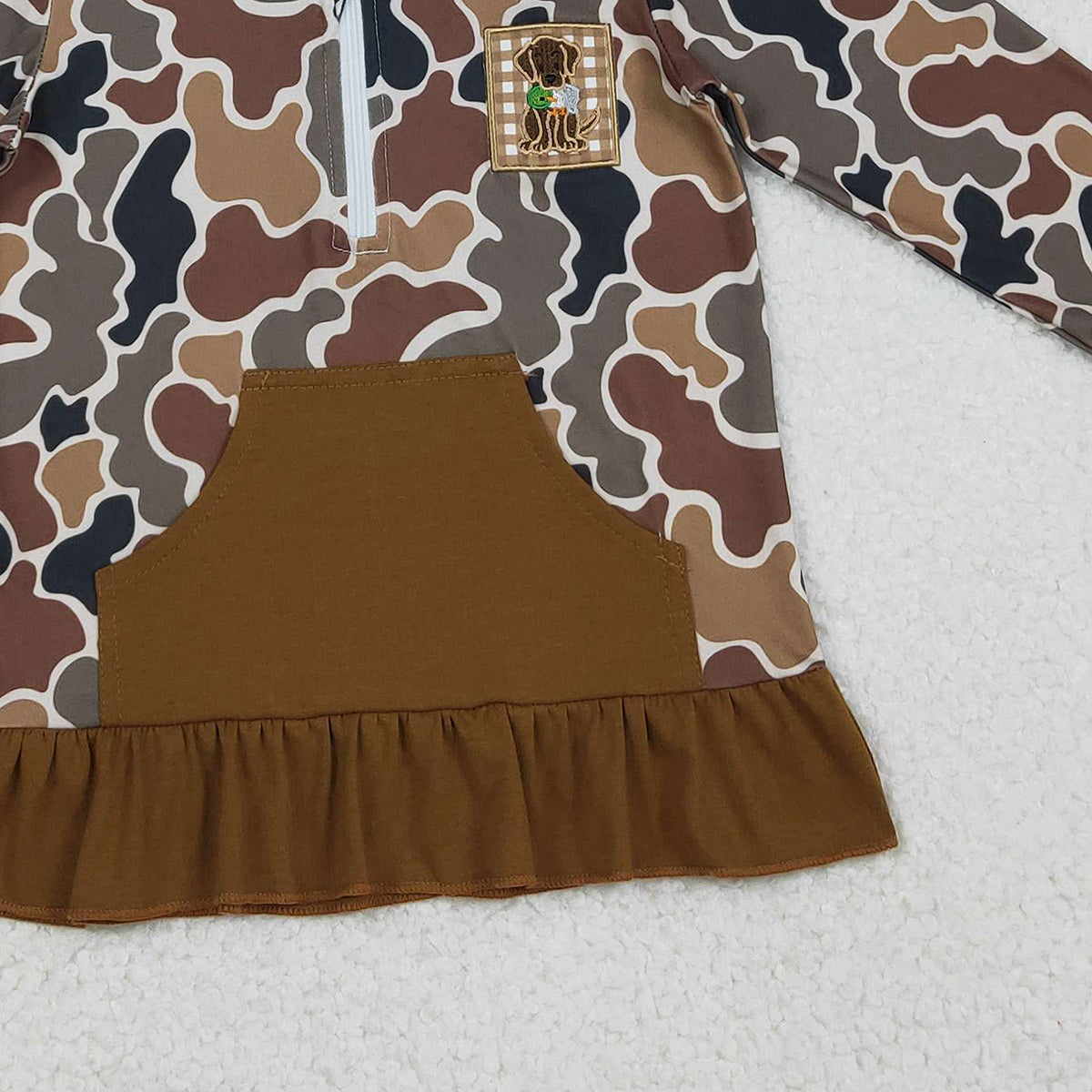 12.4 RTS NO MOQ （In stock）GT1132 Embroidery Dog Ducks Baby Girls Brown Camo Pocket Zip Hunting Hoodies Top