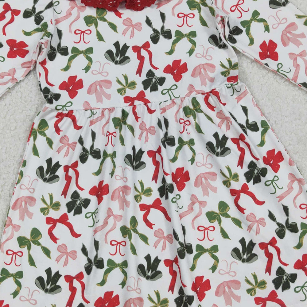 RTS NO MOQ （In stock）GLD1036 Baby Girls Winter Dress Colorful Bows Christmas Lace Ruffle Knee-Length Dress