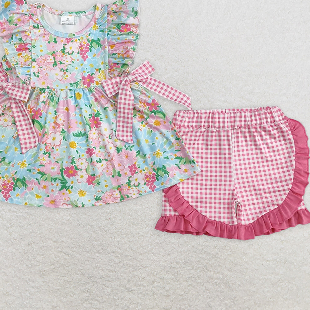 GSSO2111RTS NO MOQ Baby Girls Summer Outfits Baby Girls Ruffle Pink Plaid Bow Floral Summer Clothes Set Cute Toddler Outfit with Skirt And Top