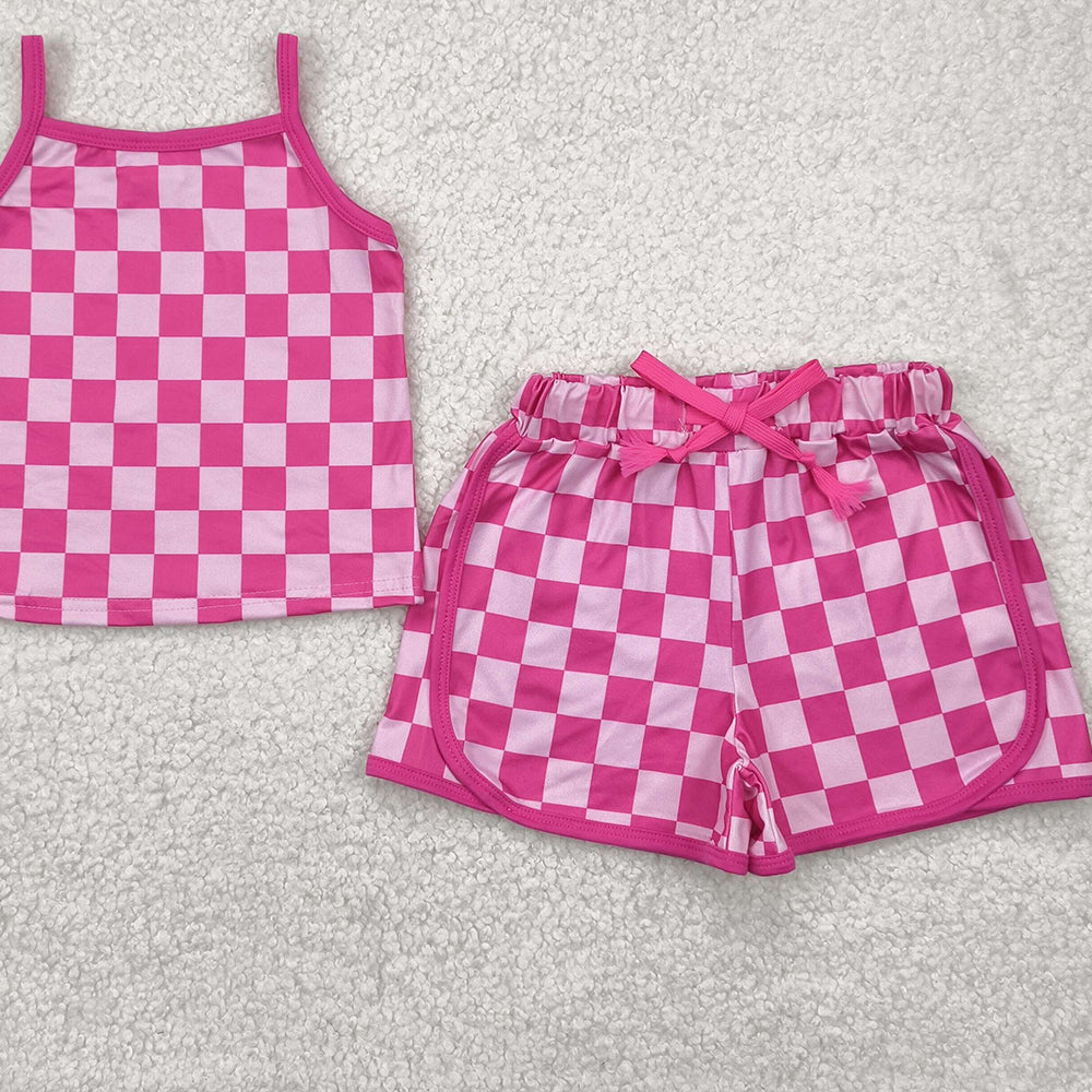 7.19 GSSO2336 RTS NO MOQ  Baby Girls Summer Outfits baby girls clothes plaid pink sleeveless shorts set