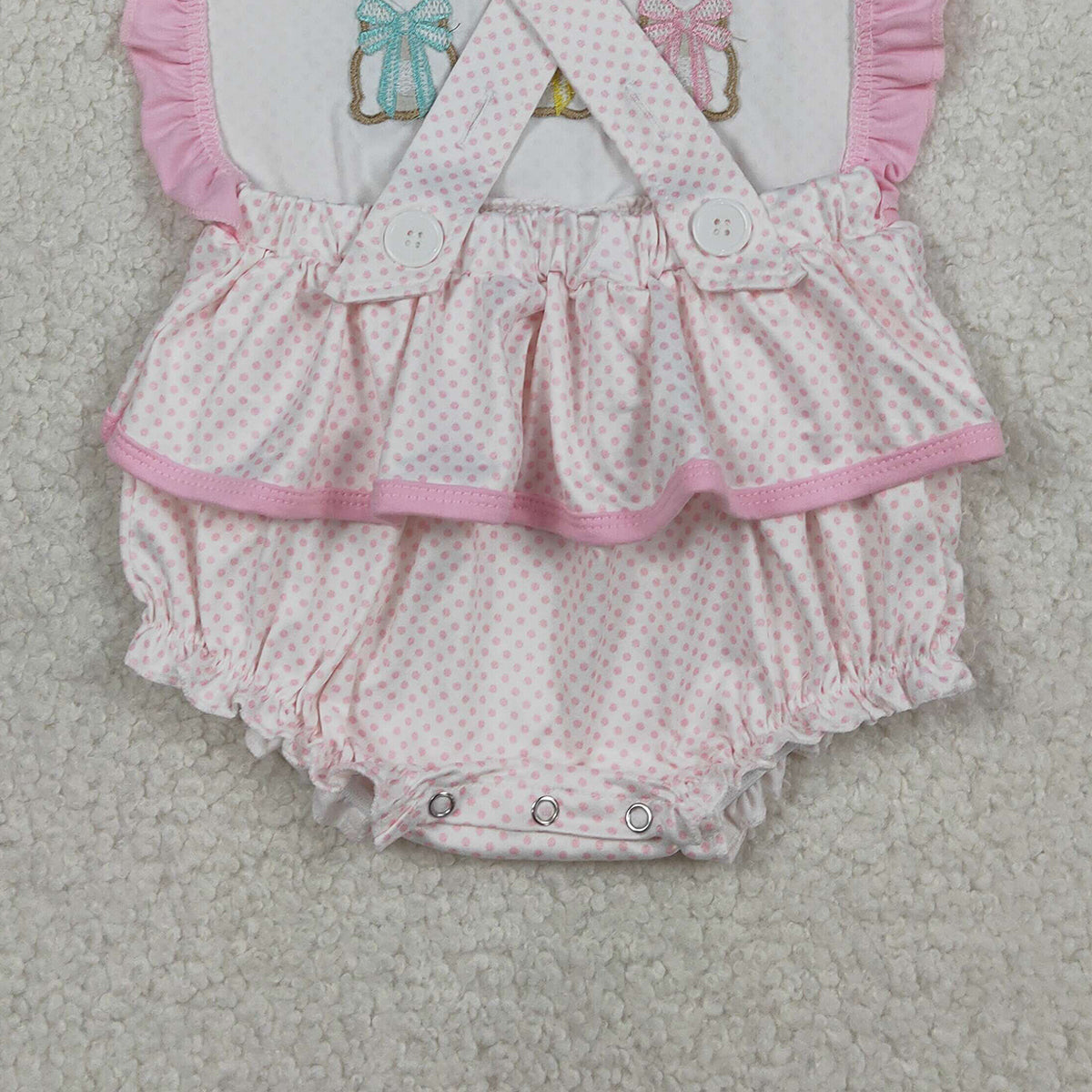 1.21 RTS NO MOQ （In stock）SR3477 Embroidery Rabbits Baby Girls Strap Polka Dots Easter Ruffle Rompers