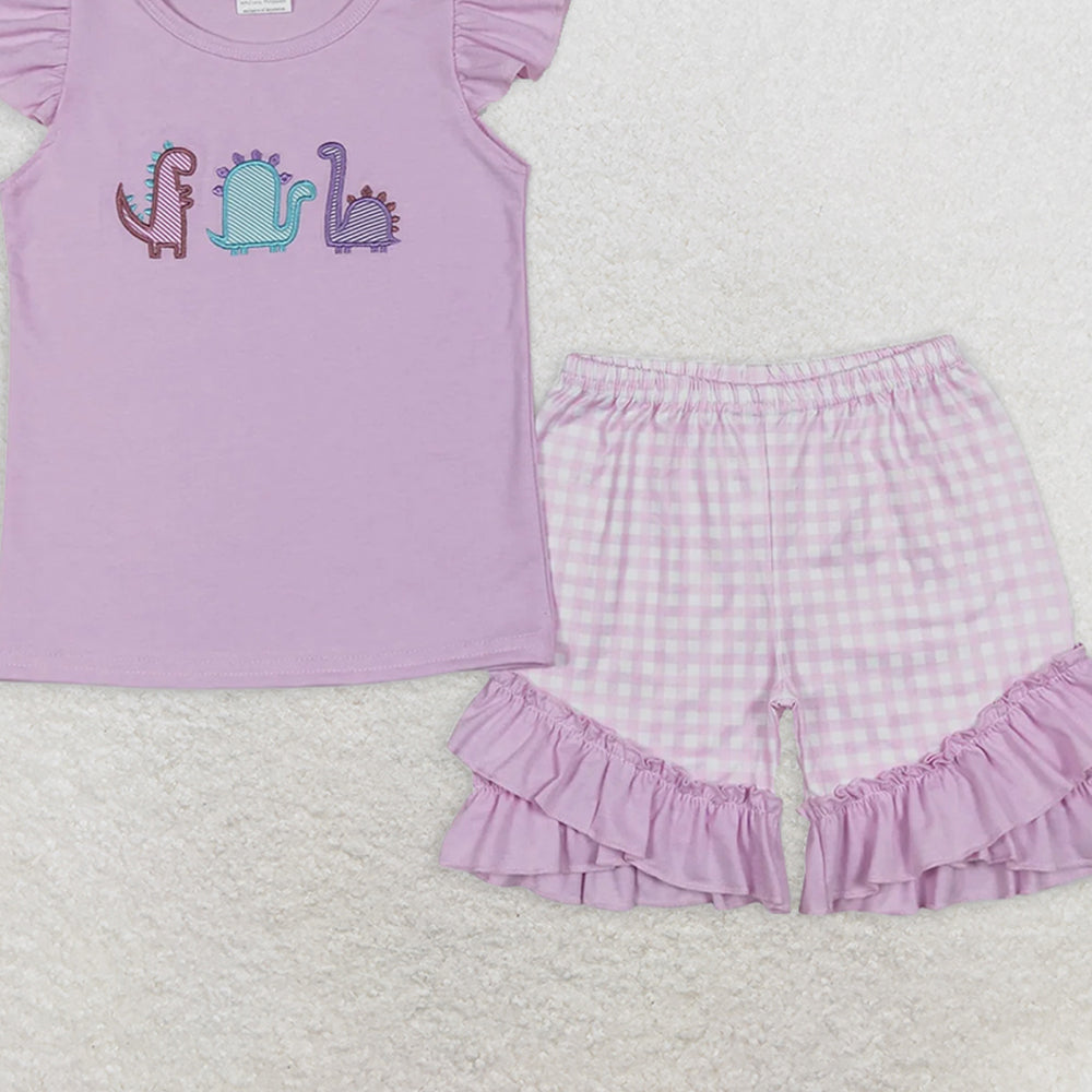 GSSO0411RTS NO MOQ Baby Girls Summer Outfits Lavender dinosaur top plaid shorts girls summer clothes