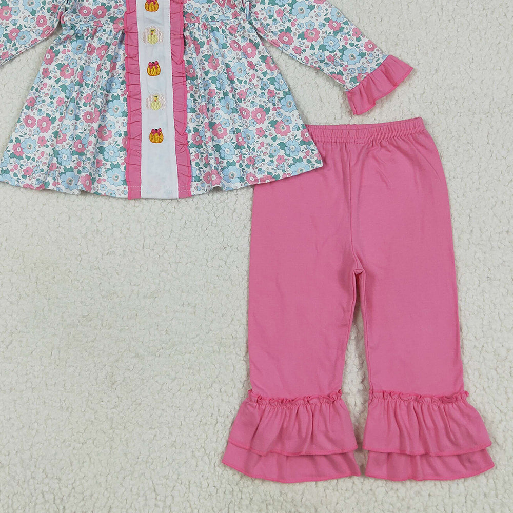 7.10 GLP2352RTS NO MOQ Baby Girls Winter Outfits Embroidery Baby Girls Long Sleeves Floral Turkey Pumpkins Tunic Ruffle Pant Set