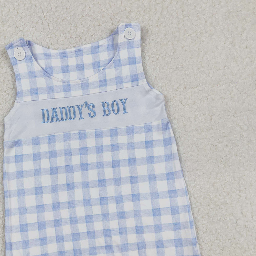 RTS NO MOQ （In stock）SR2945 Baby Boys Summer Rompers Light Blue Plaid Sleeveless Dad's Boy Romper