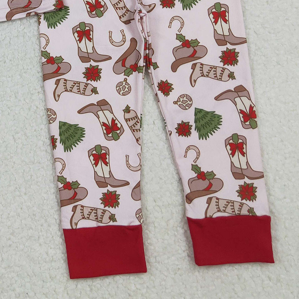 RTS NO MOQ （In stock）GLP2729 Baby Girls Winter Outfits Boots Holly Top Pant Christmas Pajamas Sets