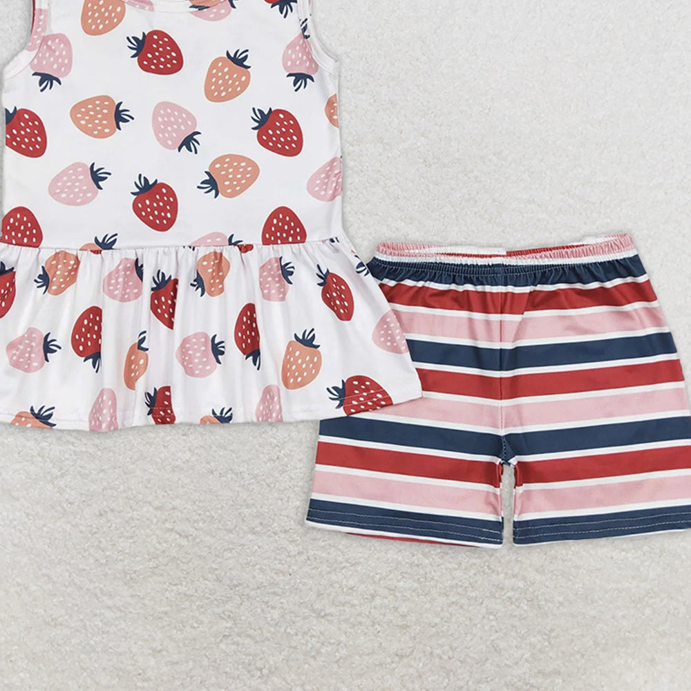 GSSO0505 RTS NO MOQ Baby Girls Summer Outfits Strawberry Beige Sleeveless Striped Shorts Set