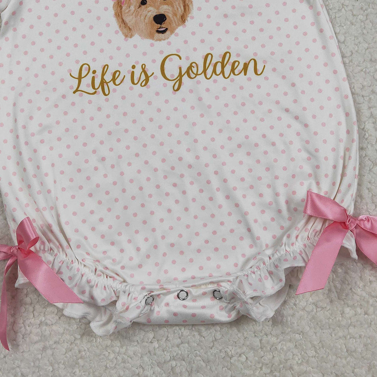 3.16 RTS NO MOQ （In stock）SR3779 Children's Fashion Romper Baby Girls Pink Polka Dots Dogs Life is Golden Ruffle Rompers