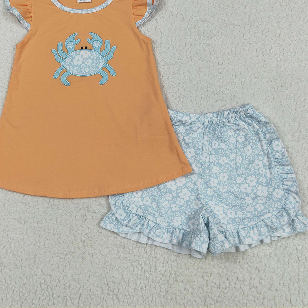 7.14 GSSO2555RTS NO MOQ Baby Girls Summer Outfits Embroidery Baby Girls Orange Crab Tunic Floral Ruffle Short Set