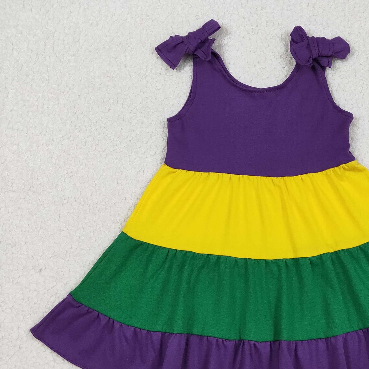 12.17 RTS NO MOQ （In stock）GSD2934 Baby Girls Bows Strap Mardigras Patchwork Ruffle Knee Length Dresses