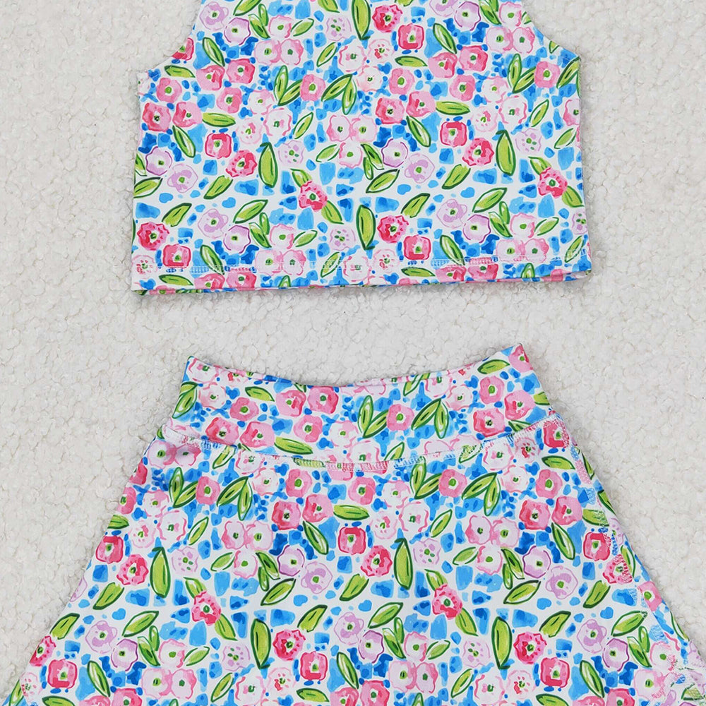 5.19  GSD1988  RTS NO MOQ Blue sleeveless floral top skirt girls activewear set