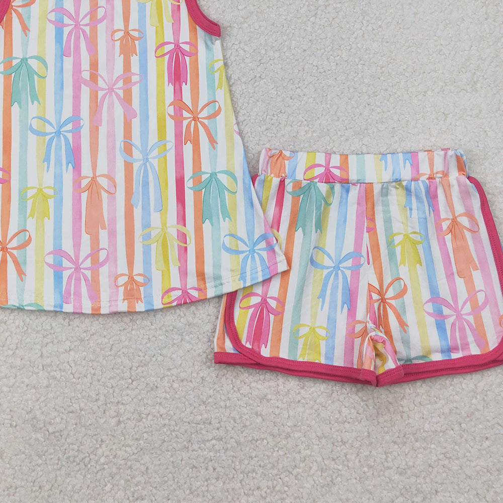 5.17  GSSO2465 RTS NO MOQ Baby Girls Summer Outfits Baby Girls Summer Colorful Bow Striped Shorts Set